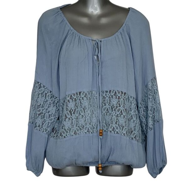 POL Tops - POL Women's Boho Lace Peasant Blouse Light Blue V-Neck Long Sleeve S